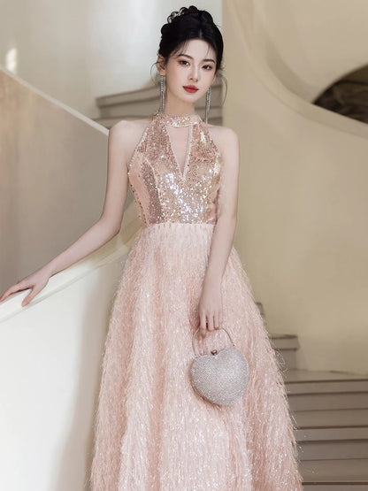 Sexy Ballkleider A-Linie Neckholder Hellrosa Pailletten Abend Lange Formelle Kleider RB3731