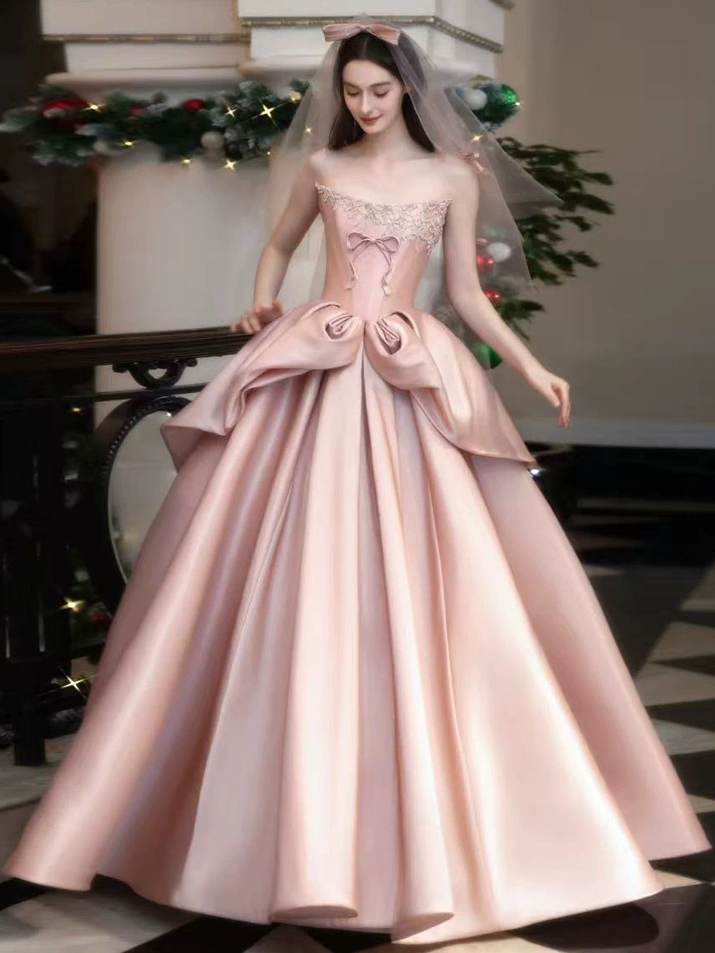 Princess Prom Dresses Ball Gown Strapless Blush Pink With Beading Satin Evening Long Formal Dress RB3732