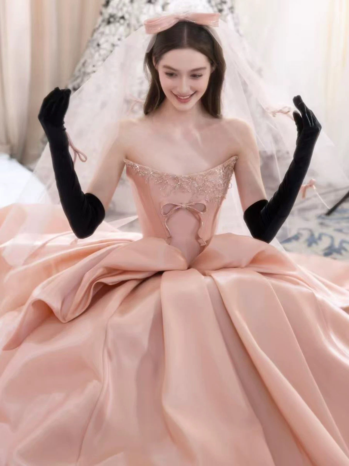 Princess Prom Dresses Ball Gown Strapless Blush Pink With Beading Satin Evening Long Formal Dress RB3732