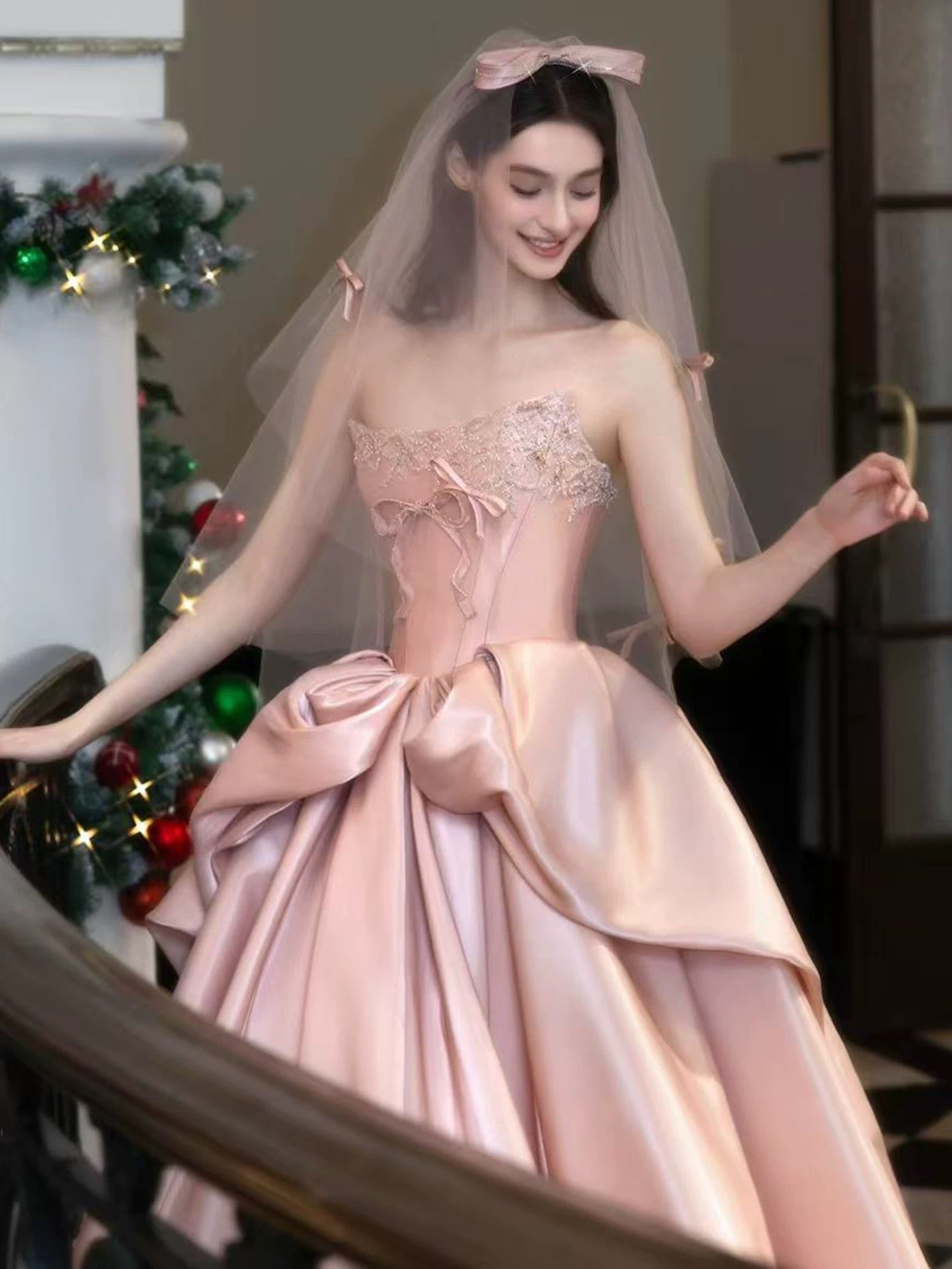 Princess Prom Dresses Ball Gown Strapless Blush Pink With Beading Satin Evening Long Formal Dress RB3732