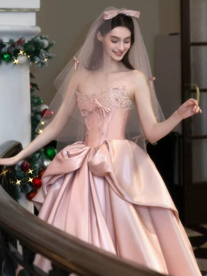 Princess Prom Dresses Ball Gown Strapless Blush Pink With Beading Satin Evening Long Formal Dress RB3732