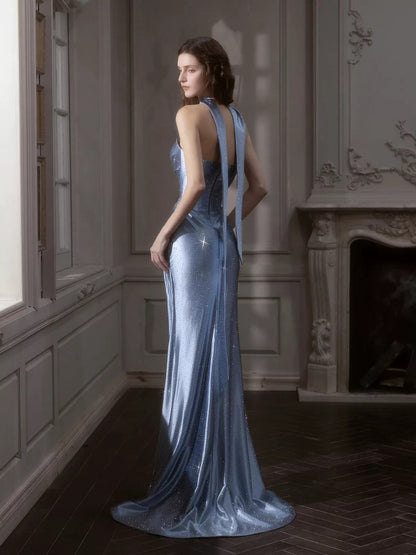Sirène sexy bustier satin bleu poudré avec écharpe perles robe de soirée longue RB3733