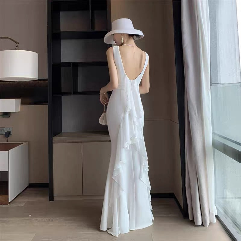 Sexy Mermaid Scoop White Satin With Ruffle Evening Long Semi Formal Dress RB3735