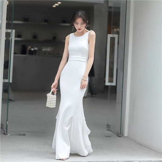 Sexy Mermaid Scoop White Satin With Ruffle Evening Long Semi Formal Dress RB3735