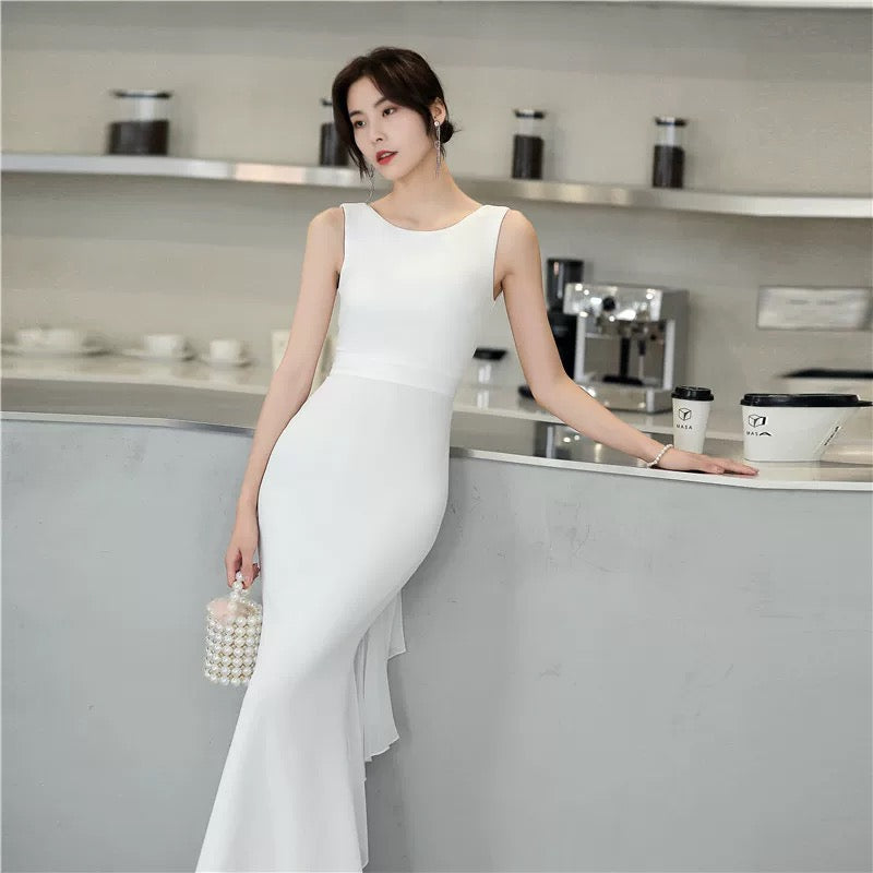 Sexy Mermaid Scoop White Satin With Ruffle Evening Long Semi Formal Dress RB3735