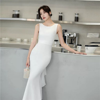 Sexy Mermaid Scoop White Satin With Ruffle Evening Long Semi Formal Dress RB3735