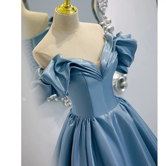 Elegant Prom Dresses Ball Gown Off The Shoulder Blue Satin Corset Fitted Evening Long Formal Party Outfits RB3736