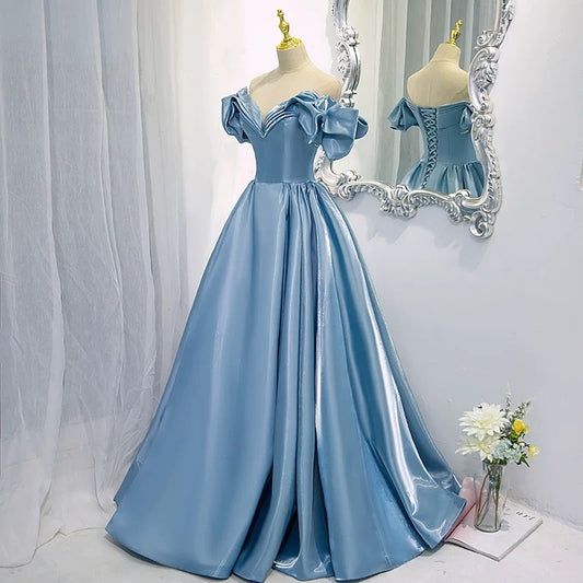 Elegant Prom Dresses Ball Gown Off The Shoulder Blue Satin Corset Fitted Evening Long Formal Party Outfits RB3736