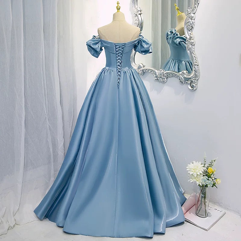 Elegant Prom Dresses Ball Gown Off The Shoulder Blue Satin Corset Fitted Evening Long Formal Party Outfits RB3736