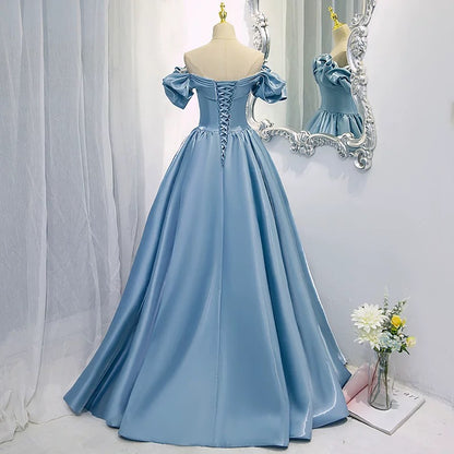 Elegant Prom Dresses Ball Gown Off The Shoulder Blue Satin Corset Fitted Evening Long Formal Party Outfits RB3736