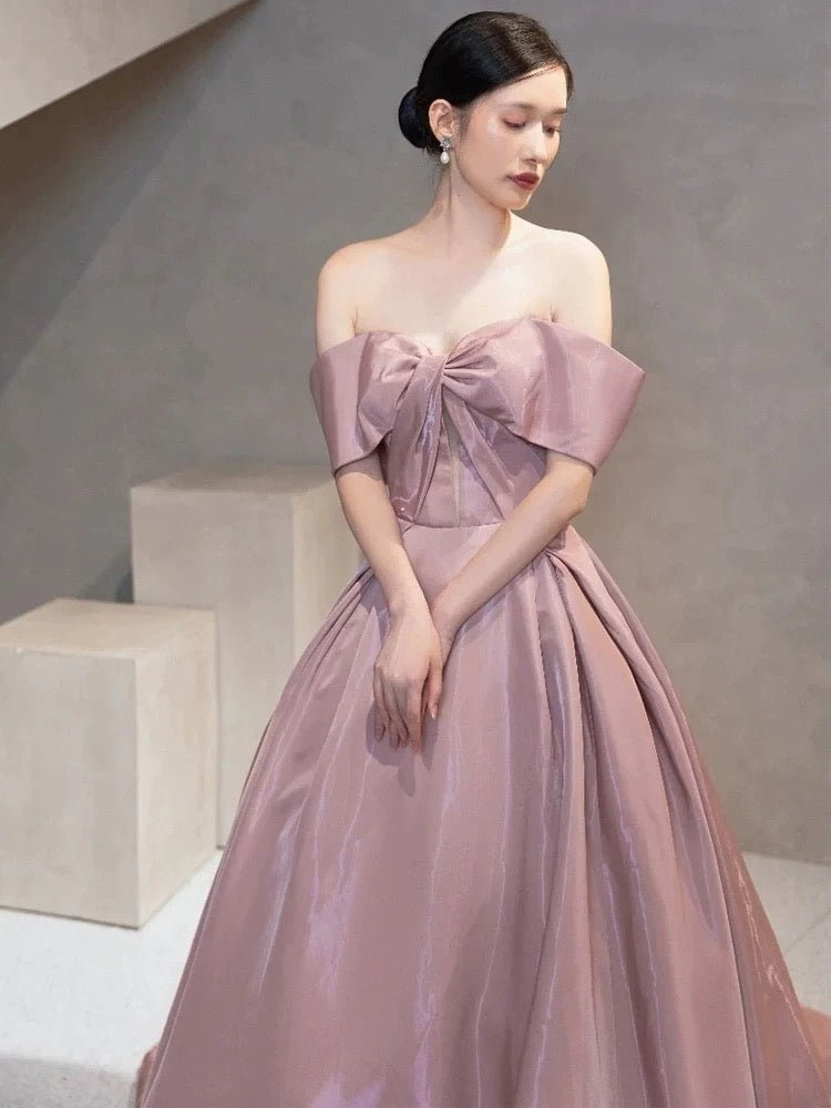Elegante Abschlussballkleider Ballkleid Off-Shoulder Pink Satin Korsett Figurbetont Abend Lang Formelle Party Outfits RB3737