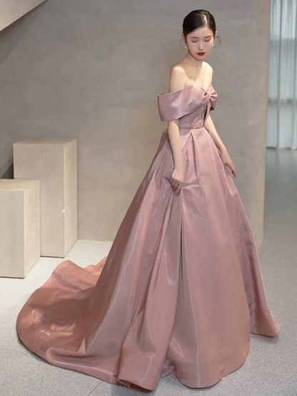 Elegante Abschlussballkleider Ballkleid Off-Shoulder Pink Satin Korsett Figurbetont Abend Lang Formelle Party Outfits RB3737