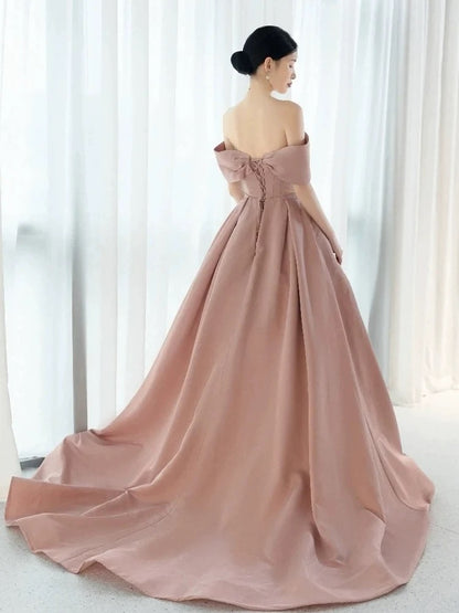 Elegante Abschlussballkleider Ballkleid Off-Shoulder Pink Satin Korsett Figurbetont Abend Lang Formelle Party Outfits RB3737