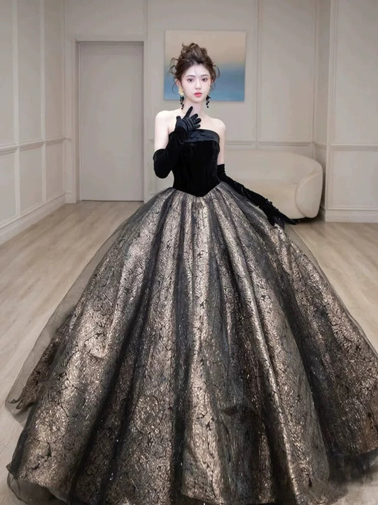 Princess Prom Dresses Ball Gown Strapless Black With Gloves Tulle Evening Long Formal Dress RB3738