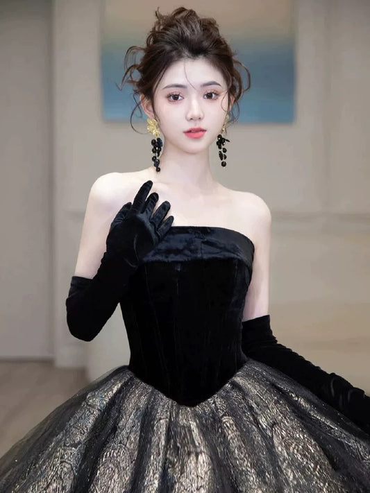 Princess Prom Dresses Ball Gown Strapless Black With Gloves Tulle Evening Long Formal Dress RB3738