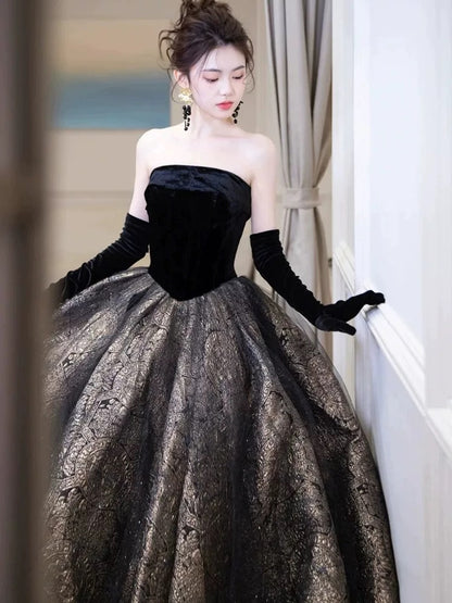 Princess Prom Dresses Ball Gown Strapless Black With Gloves Tulle Evening Long Formal Dress RB3738