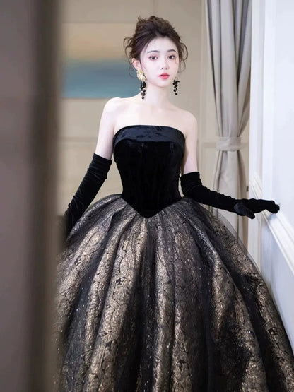 Princess Prom Dresses Ball Gown Strapless Black With Gloves Tulle Evening Long Formal Dress RB3738