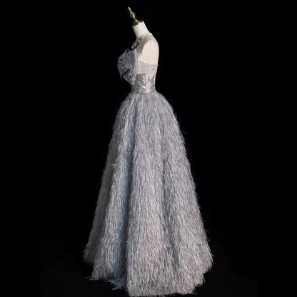Princess Prom Dresses Ball Gown Strapless Grey With Bow Evening Long Formal Dress RB3739