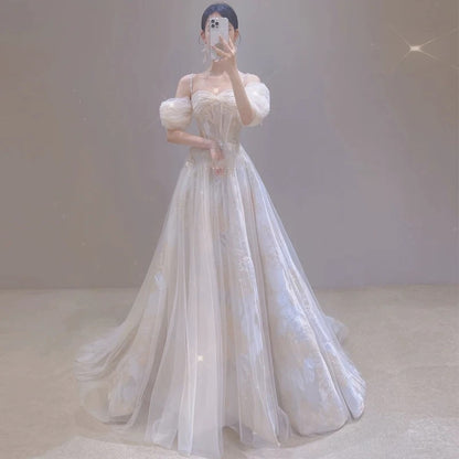Chic A line Off The Shoulder With Sleeves White Tulle Summer Bridal Gown Long Wedding Dress RB3740