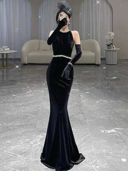 Glam Mermaid Scoop Black Tie Dress Prom Dresses Velvet Evening Long Semi Formal Dress RB3740