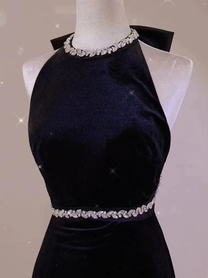 Glam Mermaid Scoop Black Tie Dress Prom Dresses Velvet Evening Long Semi Formal Dress RB3740