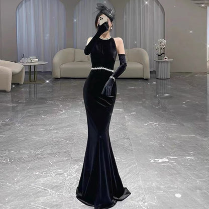 Glam Mermaid Scoop Black Tie Dress Prom Dresses Velvet Evening Long Semi Formal Dress RB3740