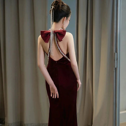Glam Mermaid Scoop Black Tie Dress Prom Dresses Velvet Evening Long Semi Formal Dress RB3740