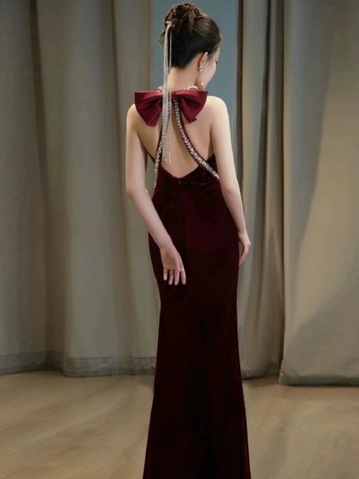 Glam Mermaid Scoop Black Tie Dress Prom Dresses Velvet Evening Long Semi Formal Dress RB3740