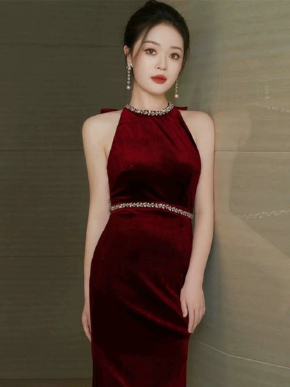Glam Mermaid Scoop Black Tie Dress Prom Dresses Velvet Evening Long Semi Formal Dress RB3740