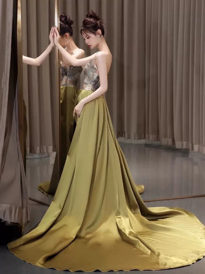Elegant Prom Dresses A Line Strapless Green Satin Evening Long Formal Party Outfits RB3741
