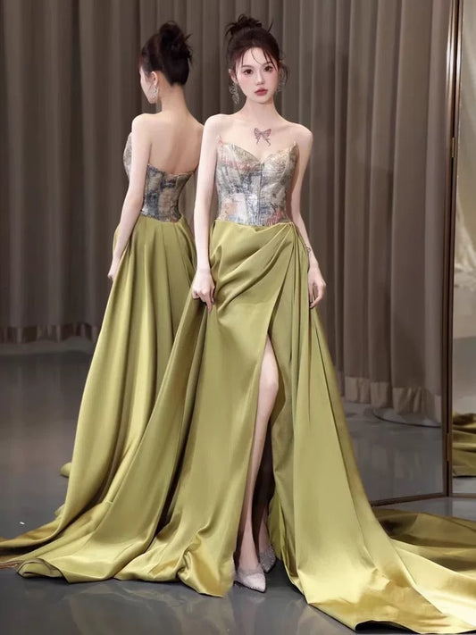 Elegant Prom Dresses A Line Strapless Green Satin Evening Long Formal Party Outfits RB3741