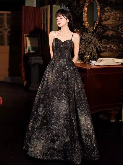 Princess Prom Dresses Ball Gown Spaghetti Strap Black Evening Long Formal Dress RB3742