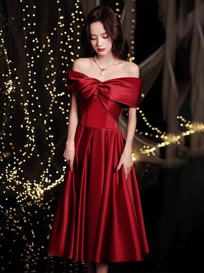 Maximalist A Line Off The Shoulder Satin Red With Sleeves Long Evening Dresses Inspo Evening Outfits RB5265