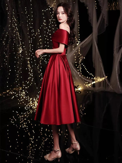 Maximalist A Line Off The Shoulder Satin Red With Sleeves Long Evening Dresses Inspo Evening Outfits RB5265