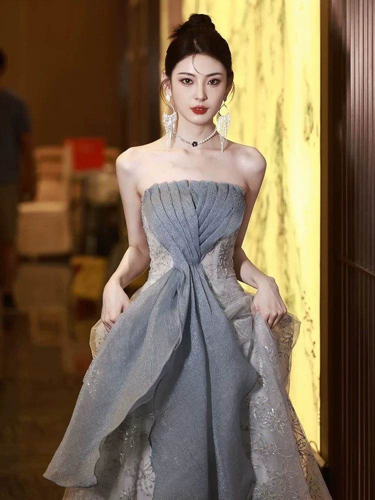 Timeless A Line Strapless Gray Sleeveless Lace Date Night Outfits Semi Formal Prom Gown Wedding Guest Dresses RB5274