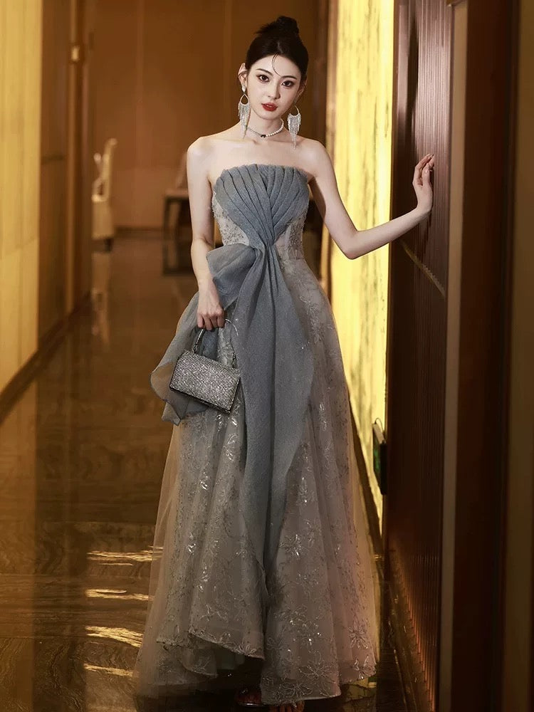 Timeless A Line Strapless Gray Sleeveless Lace Date Night Outfits Semi Formal Prom Gown Wedding Guest Dresses RB5274