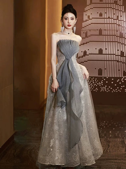 Timeless A Line Strapless Gray Sleeveless Lace Date Night Outfits Semi Formal Prom Gown Wedding Guest Dresses RB5274