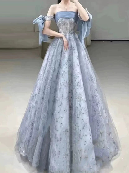 Timeless A Line Strapless Dusty Blue Tulle Lace Date Night Outfits Semi Formal Prom Gown Wedding Guest Dresses RB5273