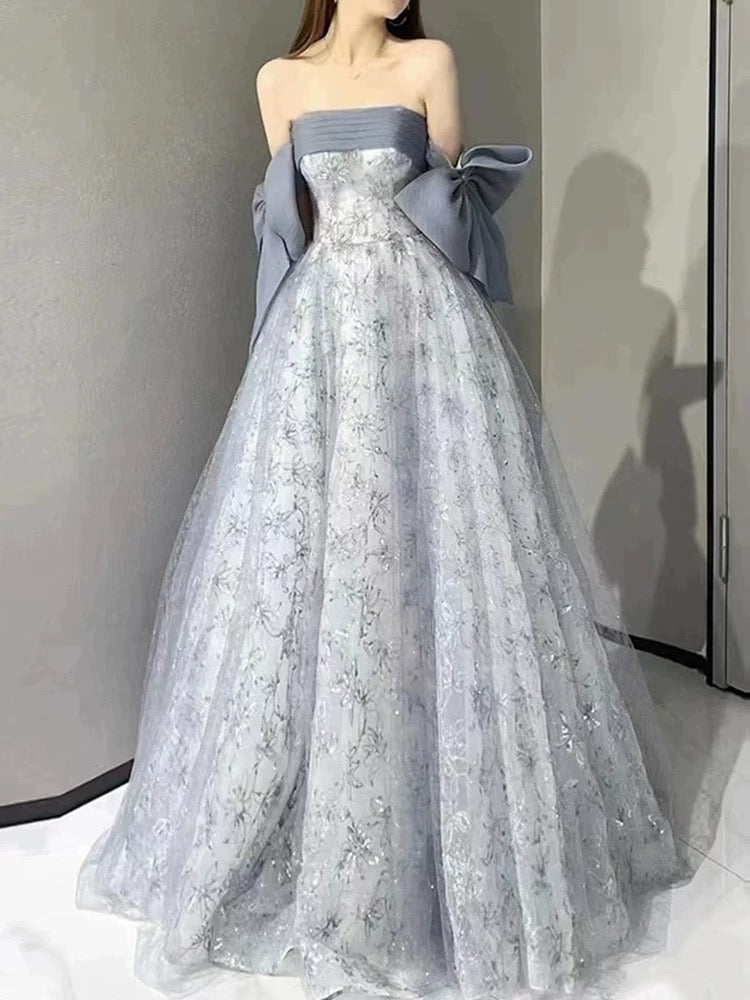 Timeless A Line Strapless Dusty Blue Tulle Lace Date Night Outfits Semi Formal Prom Gown Wedding Guest Dresses RB5273