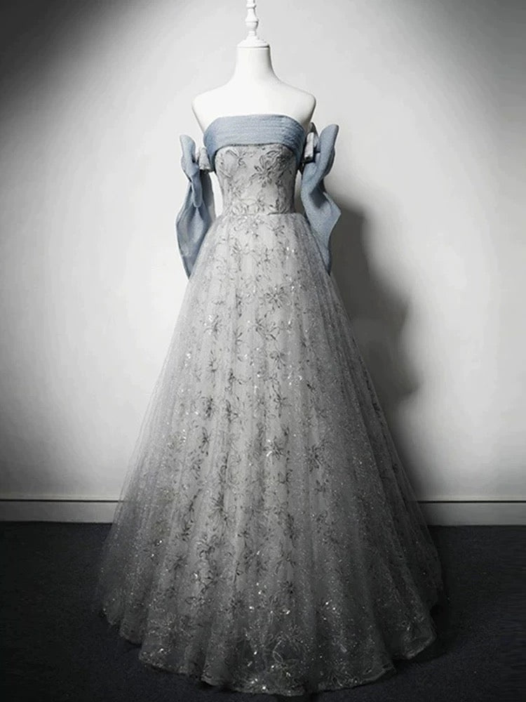 Timeless A Line Strapless Dusty Blue Tulle Lace Date Night Outfits Semi Formal Prom Gown Wedding Guest Dresses RB5273