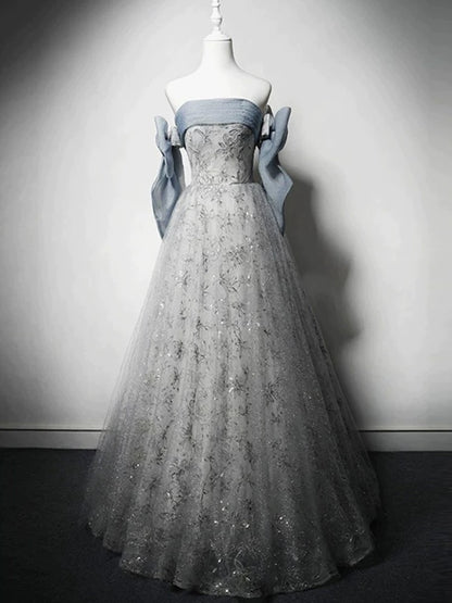 Timeless A Line Strapless Dusty Blue Tulle Lace Date Night Outfits Semi Formal Prom Gown Wedding Guest Dresses RB5273