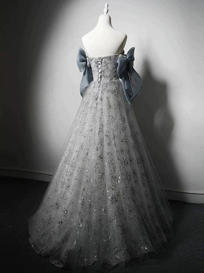 Timeless A Line Strapless Dusty Blue Tulle Lace Date Night Outfits Semi Formal Prom Gown Wedding Guest Dresses RB5273