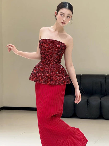 Extravagant Sheath Sweetheart Red Sequin With Gloves Long Floor Length Evening Dresses Inspo Evening Outfits RB5240