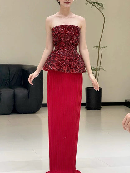 Extravagant Sheath Sweetheart Red Sequin With Gloves Long Floor Length Evening Dresses Inspo Evening Outfits RB5240