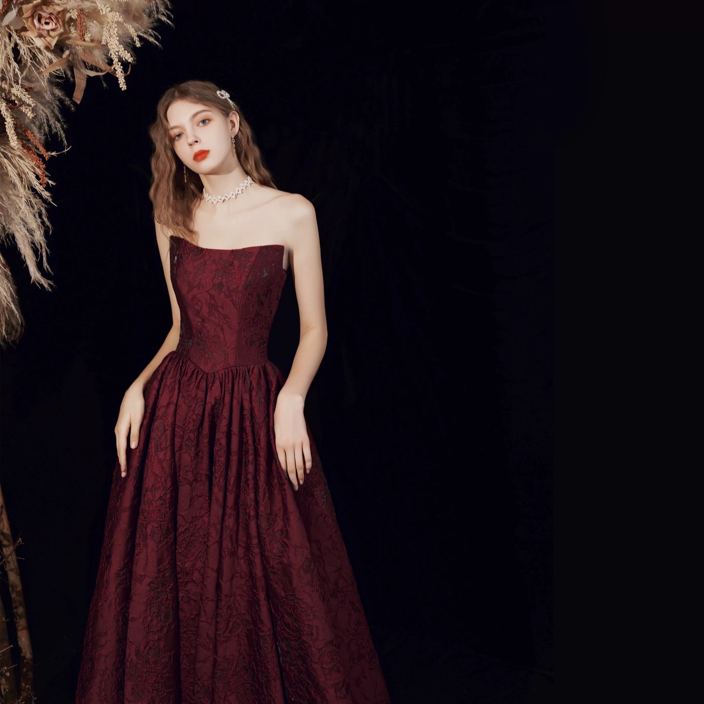 Timeless A Line Strapless Burgundy Satin Date Night Outfits Semi Formal Prom Wedding Guest Dresses RB5271