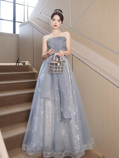 Timeless A Line Strapless Dusty Blue Tulle Date Night Outfits Semi Formal Prom Gown Wedding Guest Dresses RB5272