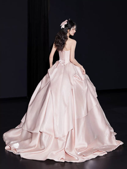 Cute Prom Dress Ball Gown Strapless Pink Satin Long Quinceanera Dresses Sweet 16 Dress Formal Outfits RB5267