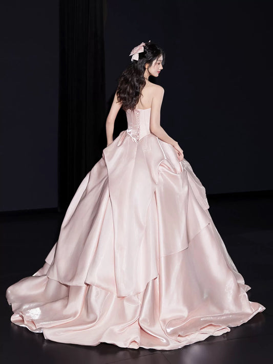 Cute Prom Dress Ball Gown Strapless Pink Satin Long Quinceanera Dresses Sweet 16 Dress Formal Outfits RB5267