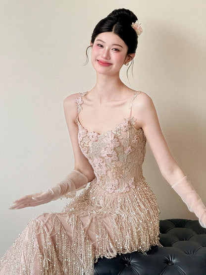 Flamboyant Women's Mermaid Spaghetti Strap Sequined Slit Maxi Date Night Evening Outfit Formal Prom Dresses RB5269