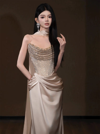 Flamboyant Women's Mermaid Strapless Champagne With Scarf Maxi Dress Date Night Evening Outfit Formal Prom Dresses RB5262